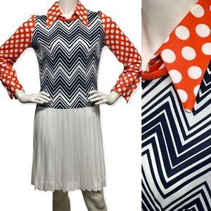 VINTAGE 1970s Fun Funky Polka Dot ZigZag Chevron Mixed Print Dress Medium 8 CuTE